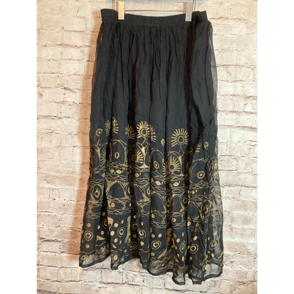 Vintage Together! Skirt Womens 1X Black & Gold Organza Midi‎ Flare Pleated Plus